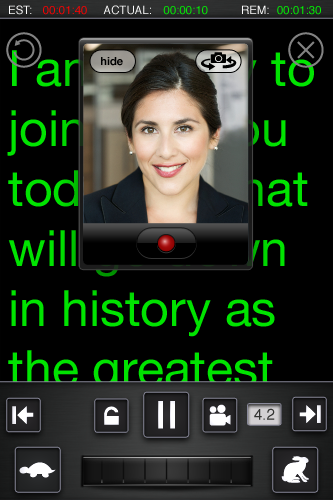 Teleprompt Plus for iPhone Prompting screen with video preview