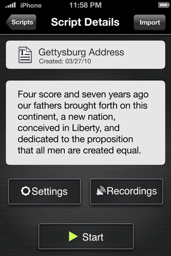 Teleprompt Plus for iPhone script details screen