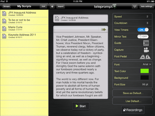 Teleprompt Plus for iPad Landscape setup screen